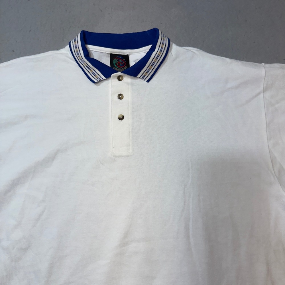 Disney Sports‎ Mens Vintage White Cotton Pique Polo Shirt Blue Trim XL 1389